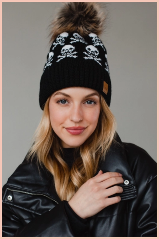 Black Skull Pattern Pom Beanie