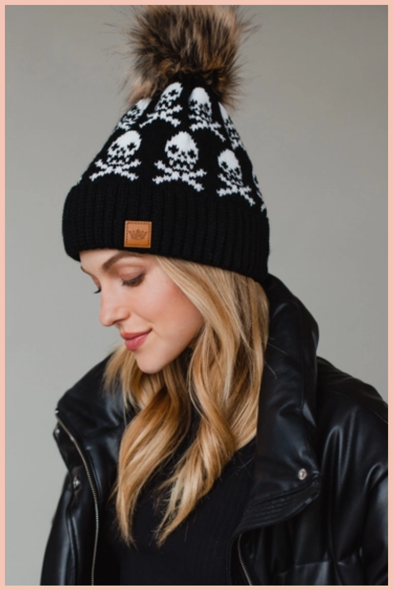 Black Skull Pattern Pom Beanie