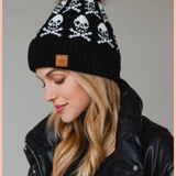 Black Skull Pattern Pom Beanie