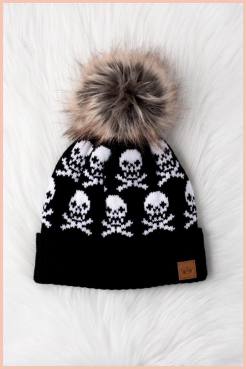 Black Skull Pattern Pom Beanie