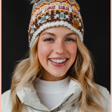 White + Multicolored Patterned Pom Beanie