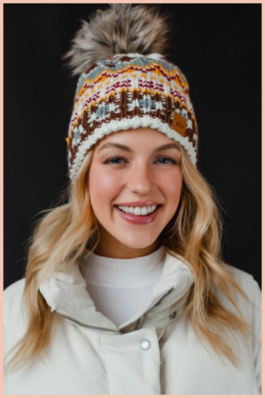 White + Multicolored Patterned Pom Beanie