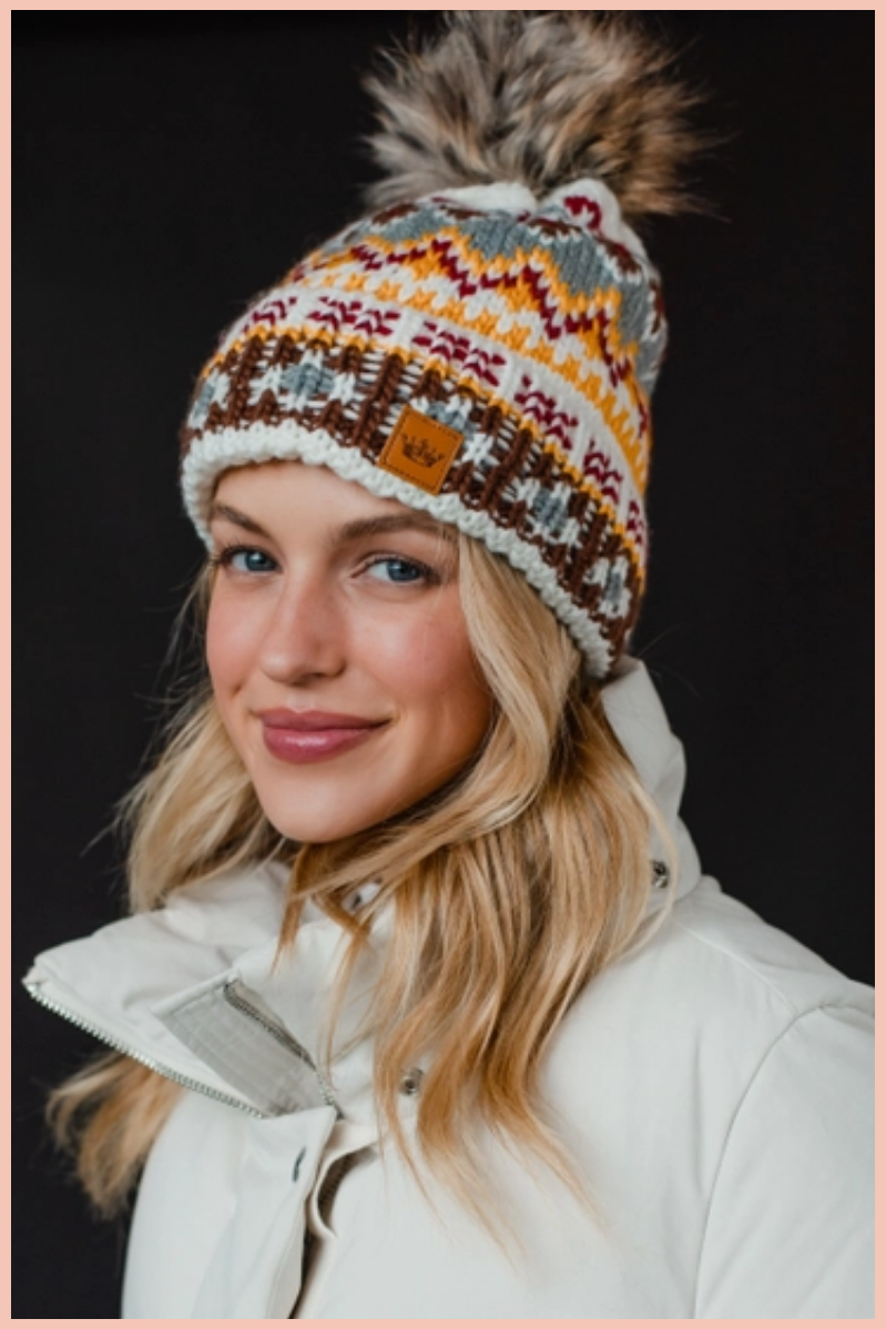 White + Multicolored Patterned Pom Beanie