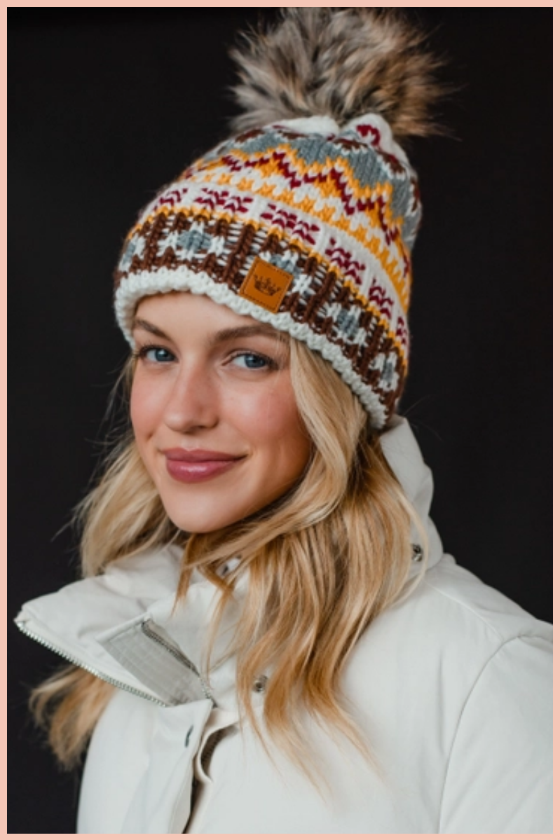 White + Multicolored Patterned Pom Beanie