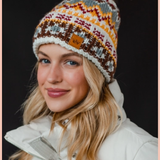 White + Multicolored Patterned Pom Beanie