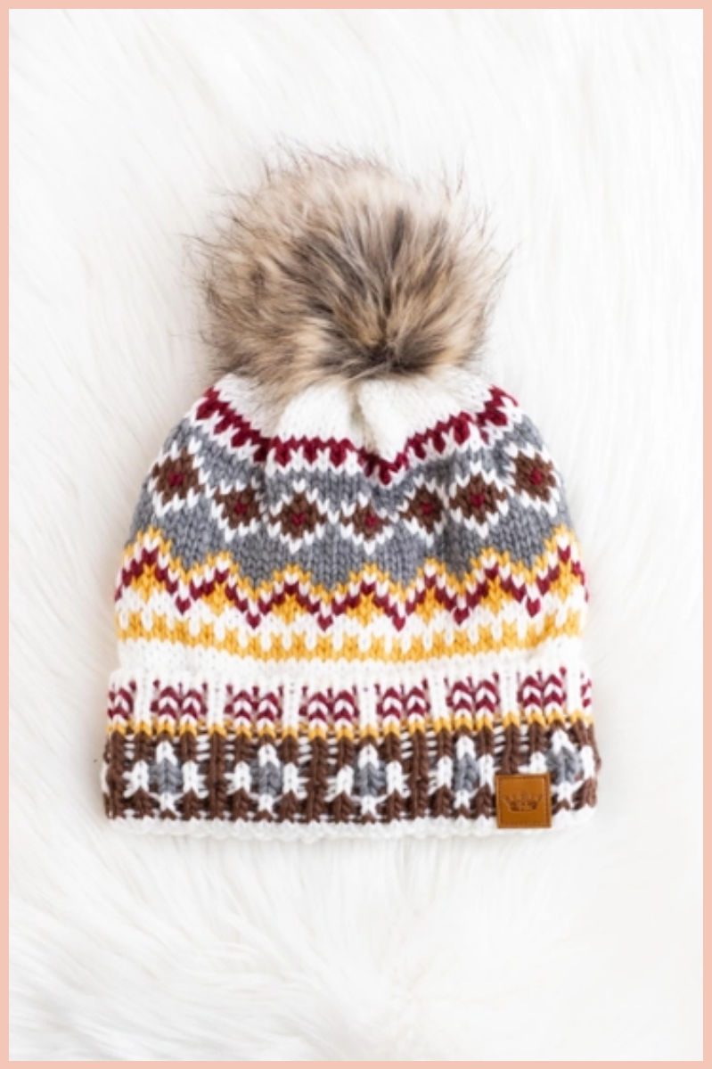 White + Multicolored Patterned Pom Beanie