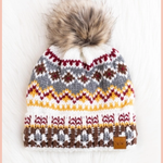 White + Multicolored Patterned Pom Beanie