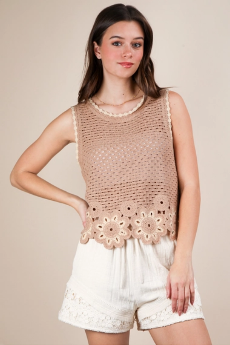 Floral Trim Detail Crochet Top | Mocha