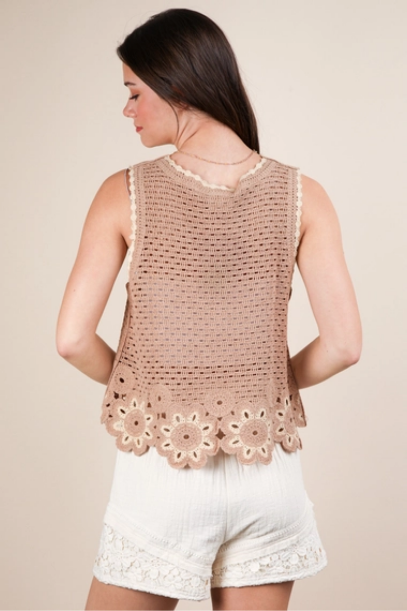 Floral Trim Detail Crochet Top | Mocha