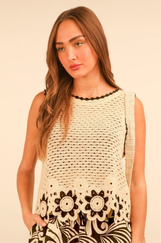 Floral Trim Detail Crochet Top | Natural