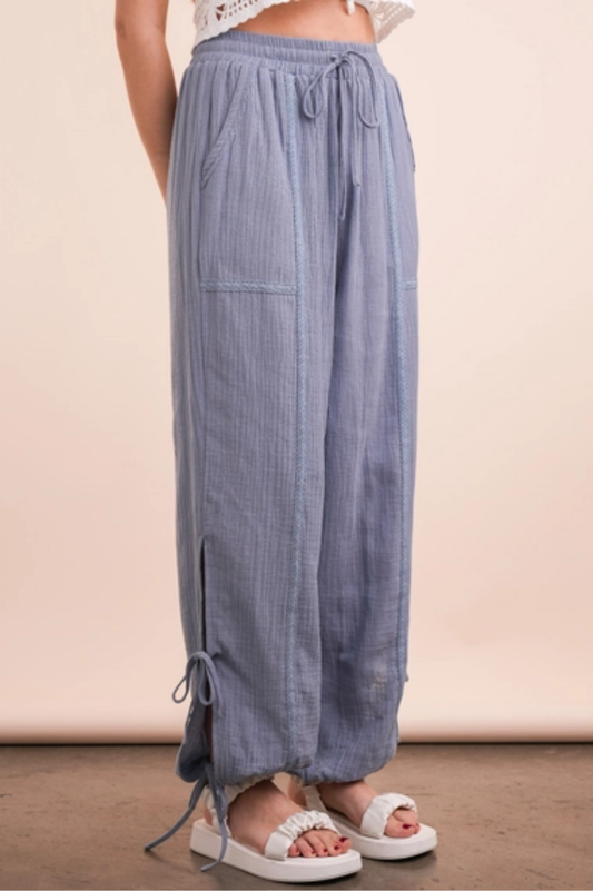 Side Tunnel Harem Pants with Lace Trim | Denim