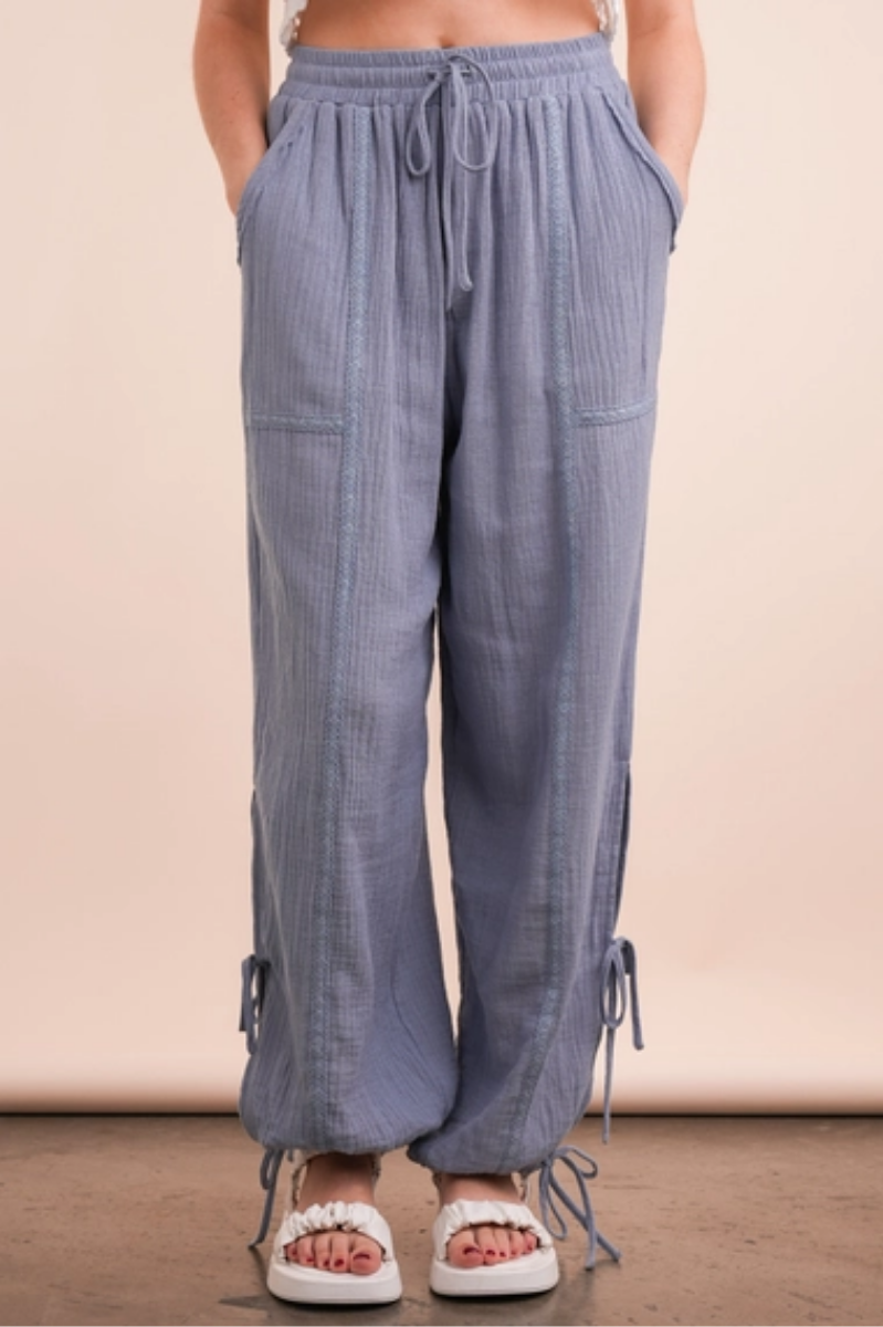 Side Tunnel Harem Pants with Lace Trim | Denim