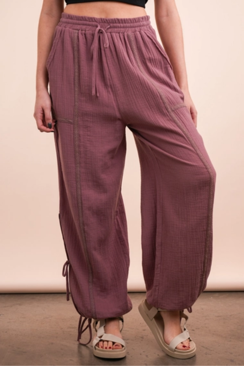 Side Tunnel Harem Pants with Lace Trim | Mauve