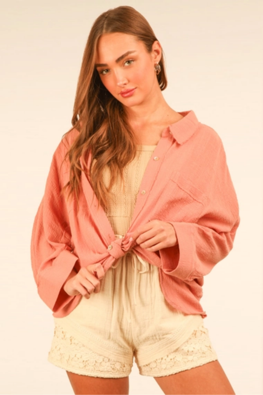 Dolman Sleeve Button Down Gauze Shirt | Blush