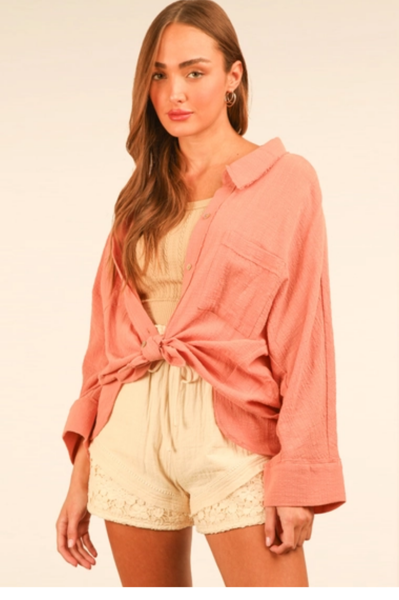 Dolman Sleeve Button Down Gauze Shirt | Blush