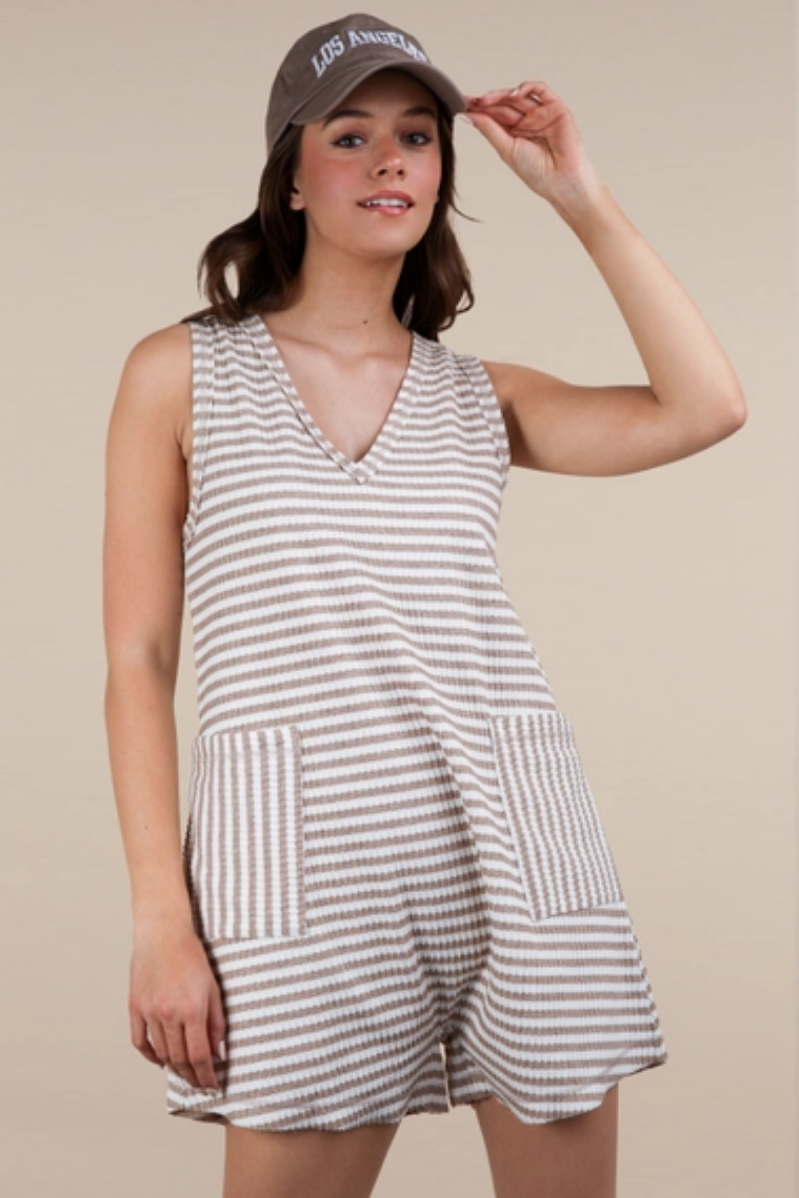Striped Knit Casual Comfy Romper Taupe / Large Striped Knit Casual Comfy Romper Taupe / Large