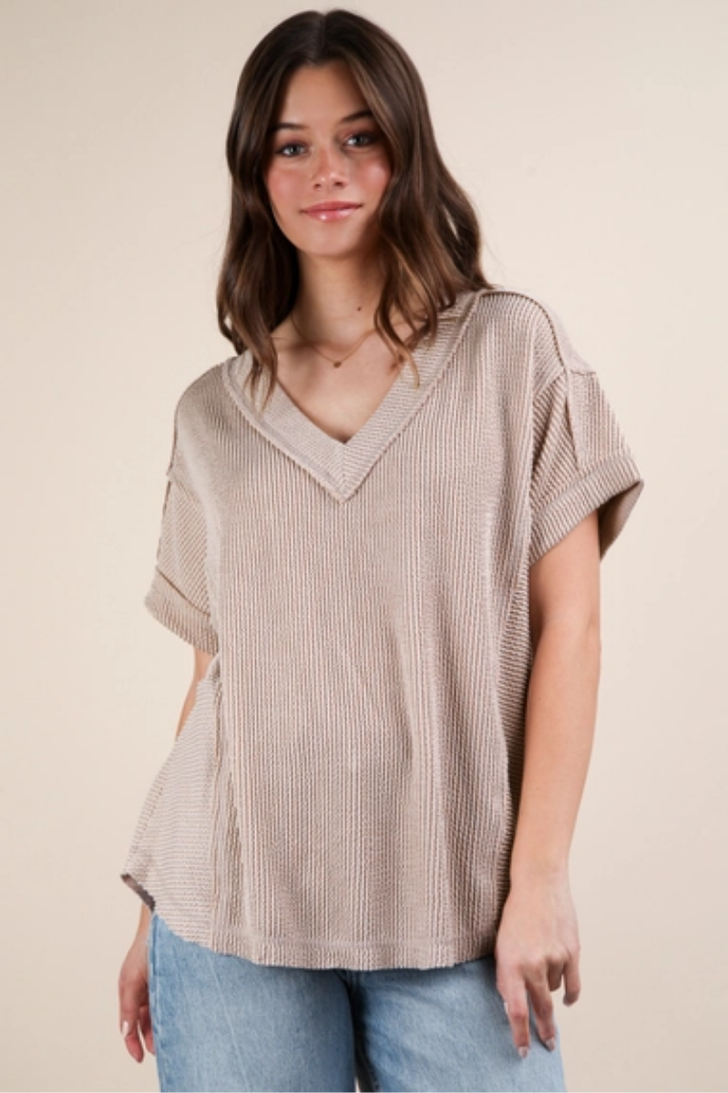 Soft Two Tone Casual Comfy Ribbed Knit Top