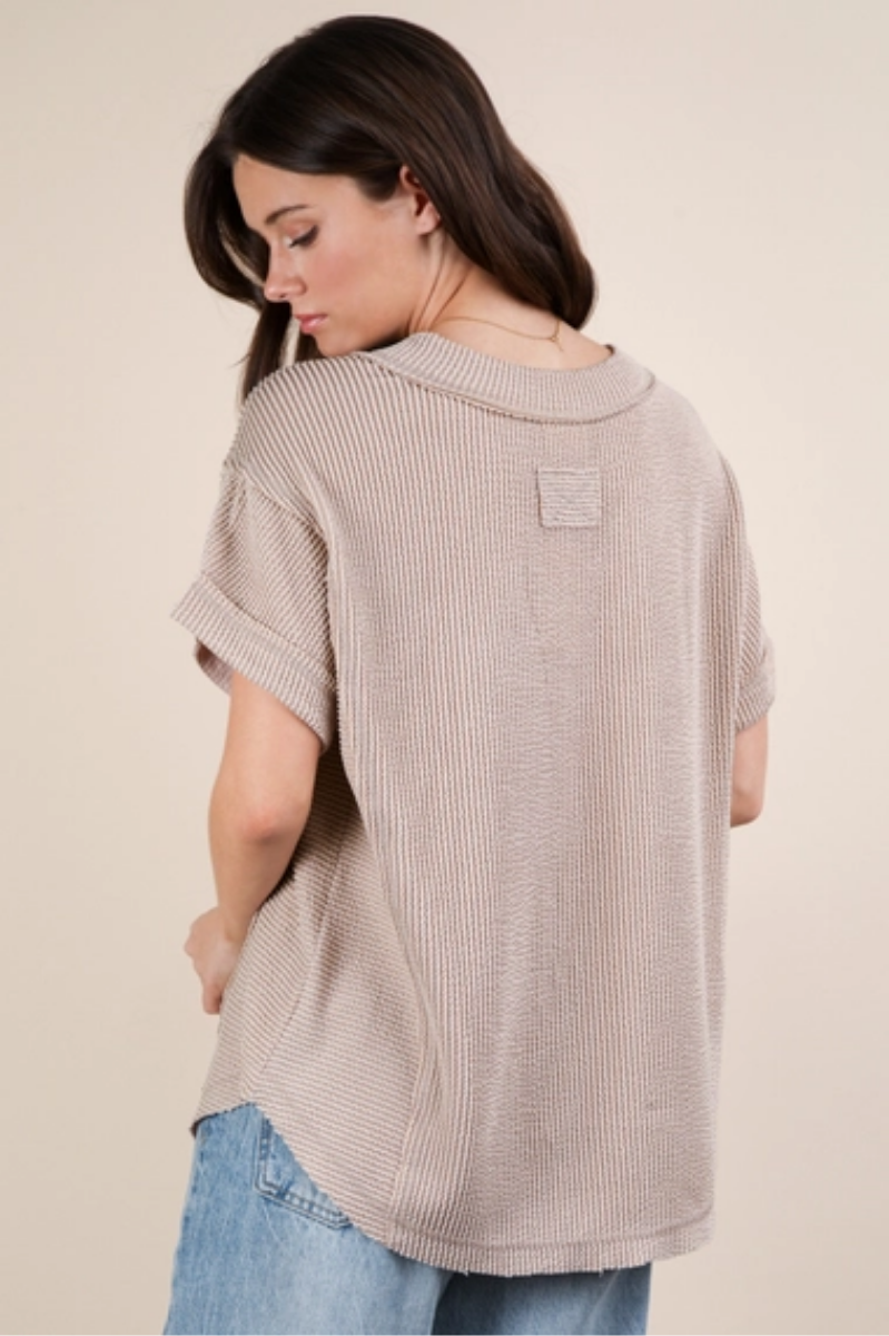 Soft Two Tone Casual Comfy Ribbed Knit Top