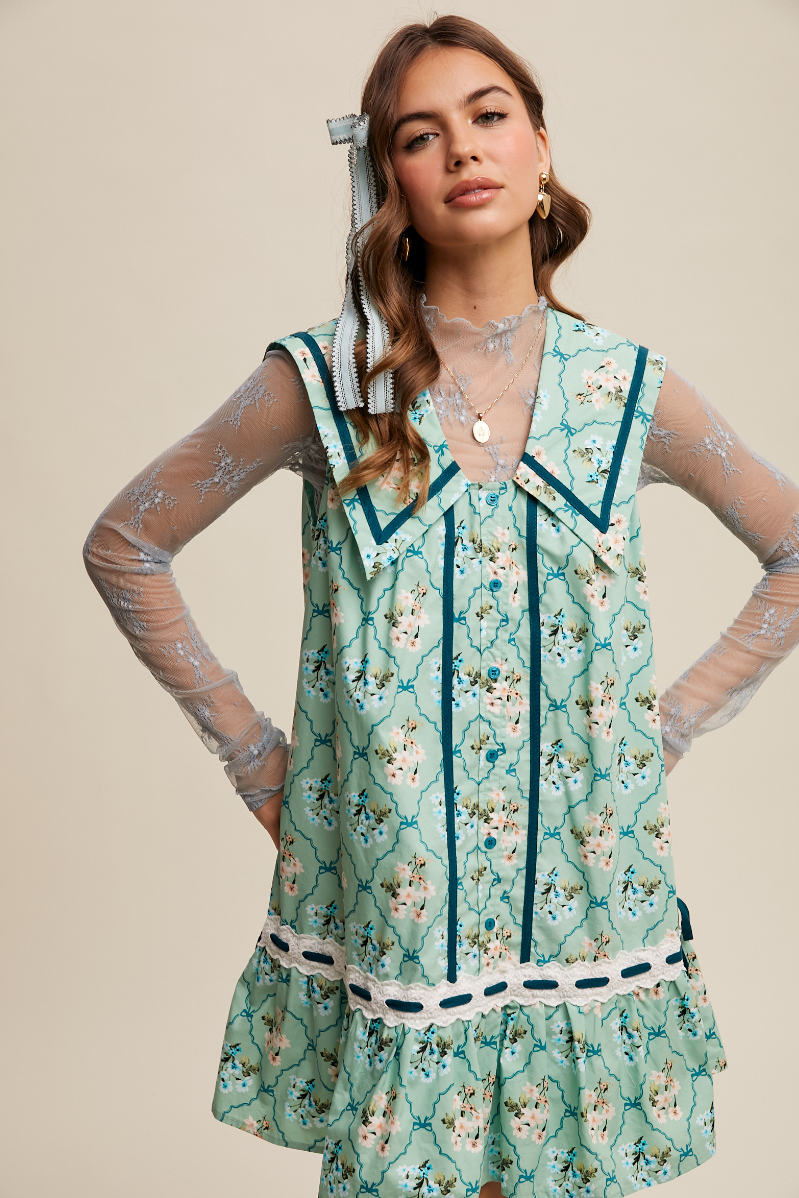 Floral Button Front Collard Dress + Lace Trim Light Sage / Large Floral Button Front Collard Dress + Lace Trim Light Sage / Large