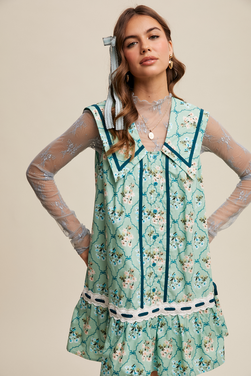 Floral Button Front Collard Dress + Lace Trim