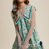 Floral Button Front Collard Dress + Lace Trim