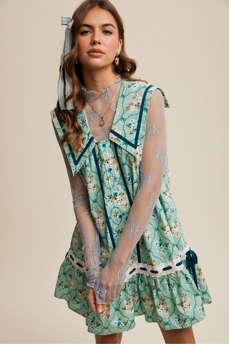 Floral Button Front Collard Dress + Lace Trim