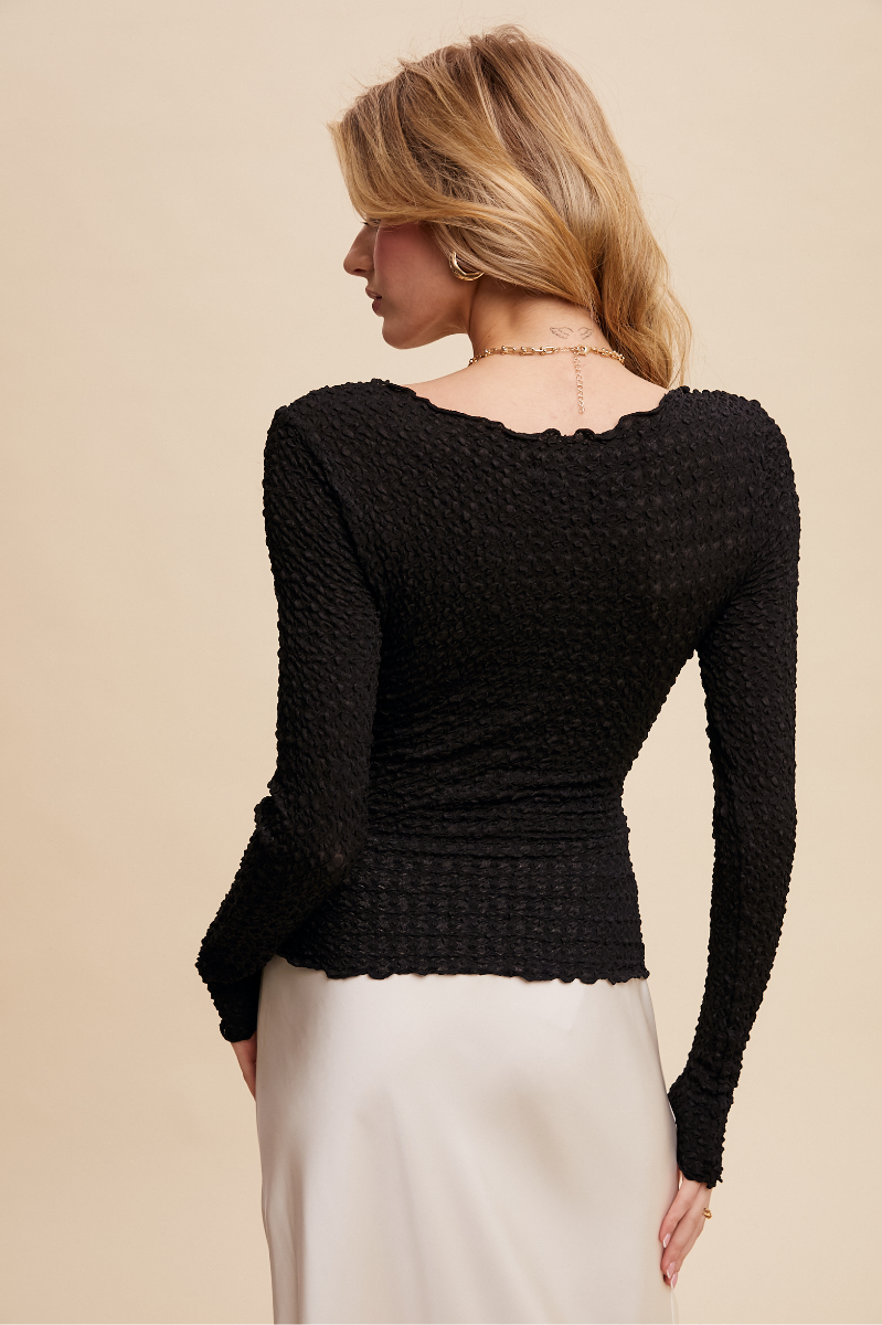 Ruched Textured Long-Sleeve Top