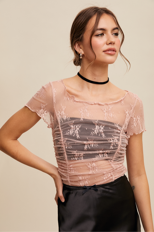 Floral Mesh Ruched Top