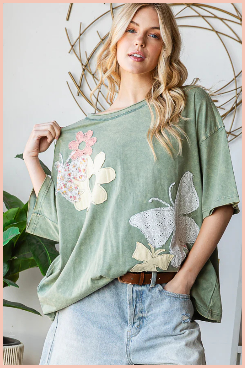 Washed Flower Butterfly Patchwork Top