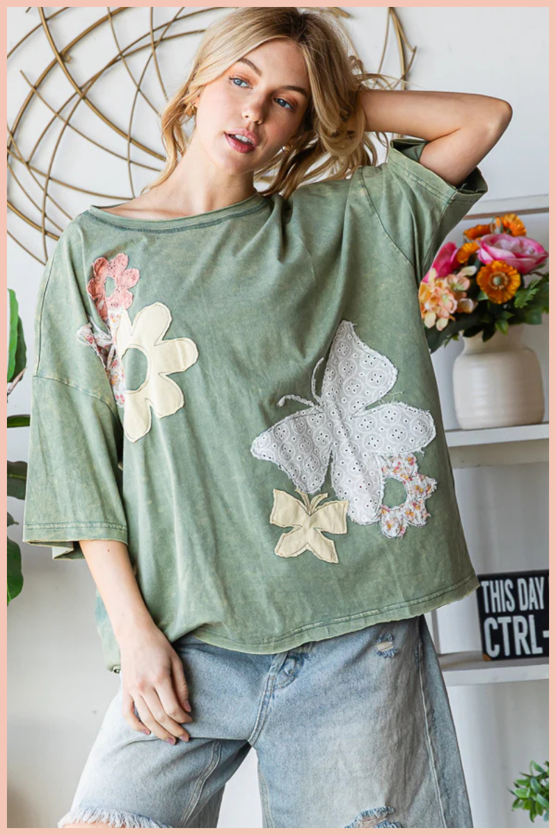 Washed Flower Butterfly Patchwork Top