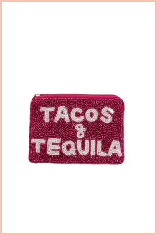 TACOS AND TEQUILA BEADED COIN PURSE | FUSCHIA