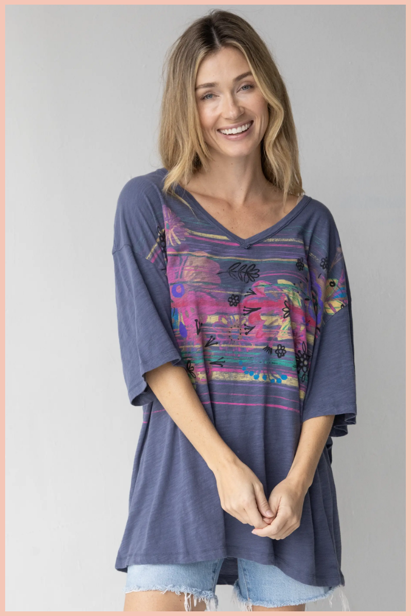 Flower Banquet Easy V-Neck Tee | Natural Life | Dusty Blue