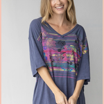 Flower Banquet Easy V-Neck Tee | Natural Life | Dusty Blue