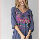 Flower Banquet Easy V-Neck Tee | Natural Life | Dusty Blue