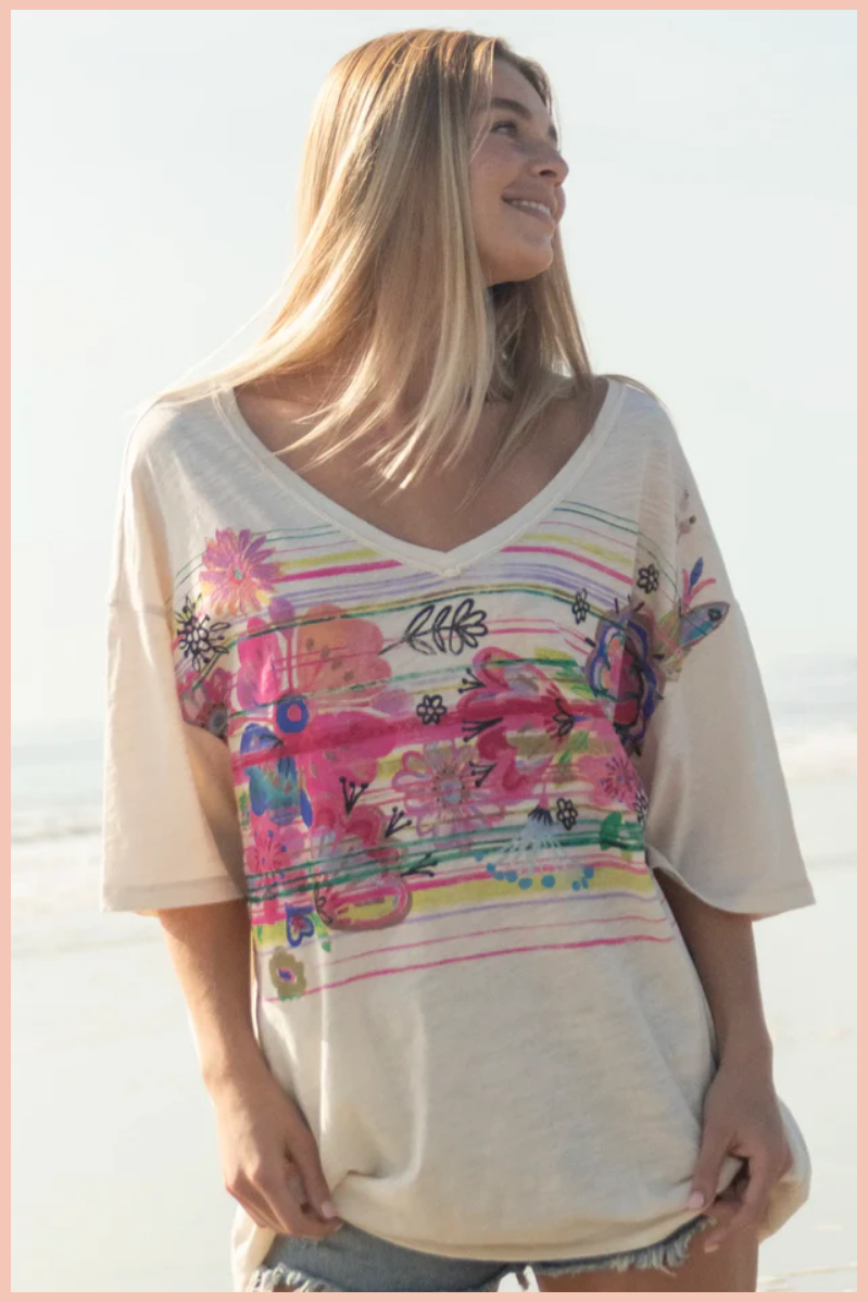 Flower Banquet Easy V-Neck Tee | Natural Life | Cream