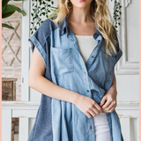 Pleated Chambray Button Front Top | Final Sale