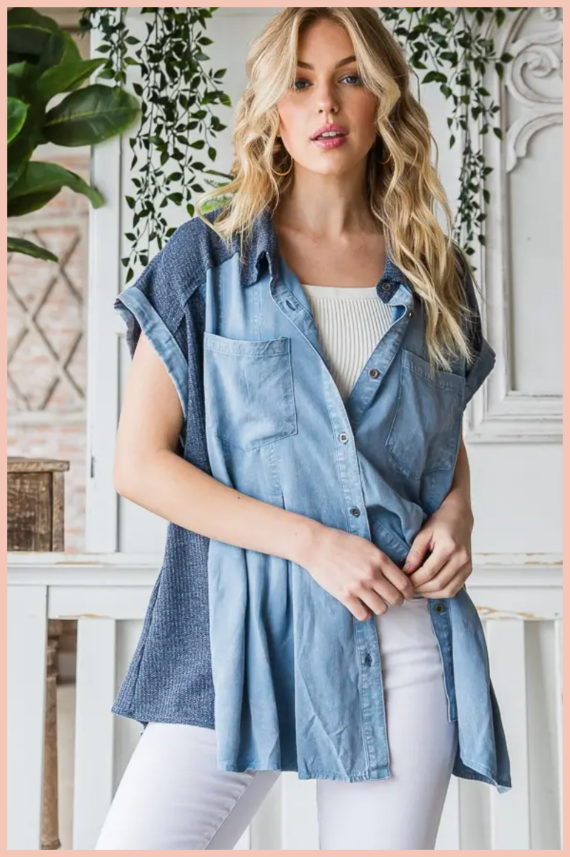 Pleated Chambray Button Front Top