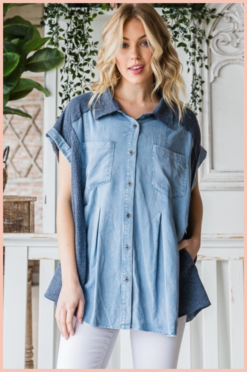 Pleated Chambray Button Front Top