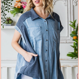 Pleated Chambray Button Front Top | Final Sale