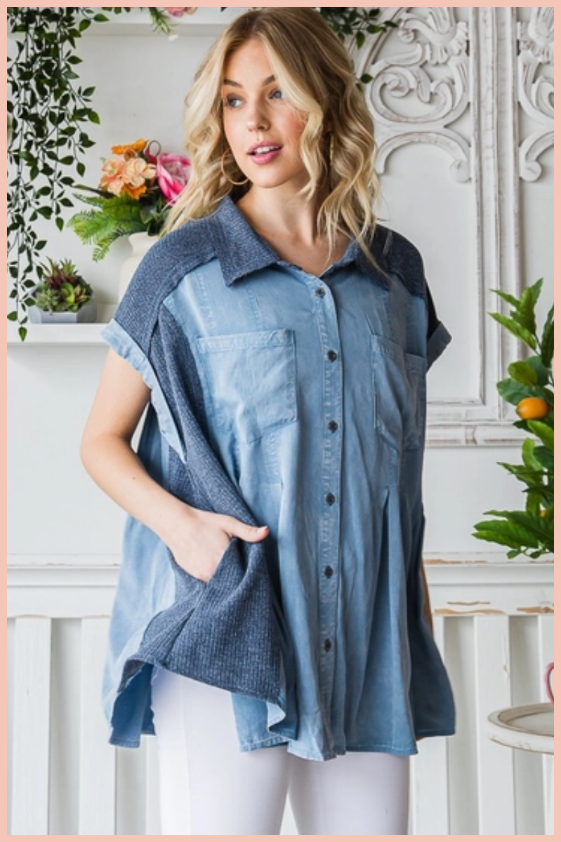 Pleated Chambray Button Front Top