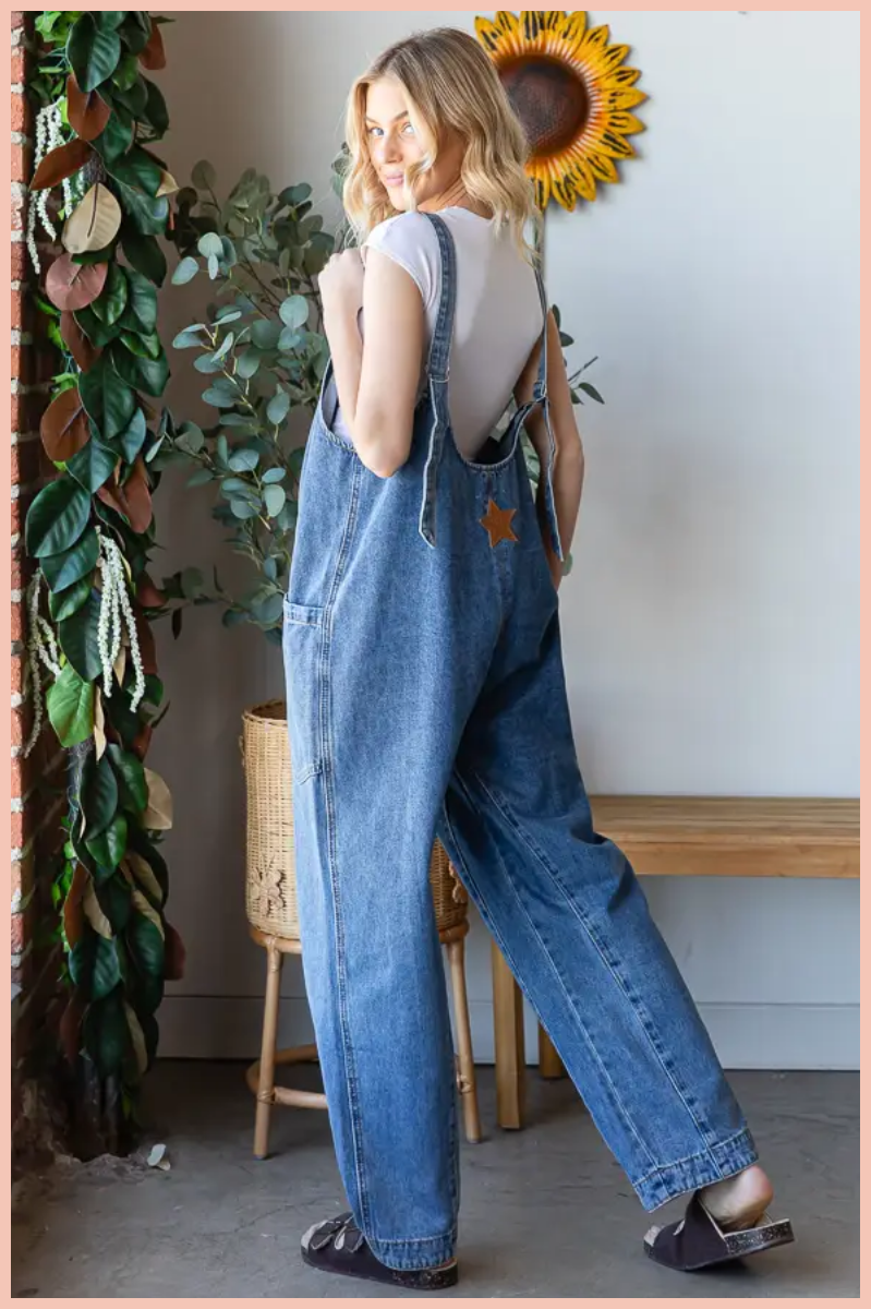 Star Patch Denim Overalls + Belted Straps