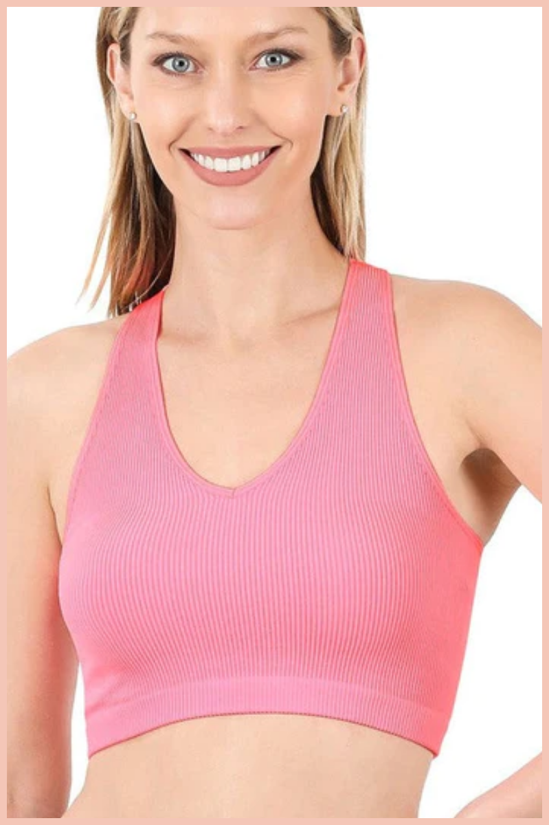 RIBBED SEAMLESS V-NECK CROPPED TANK TOP | BRIGHT PINK