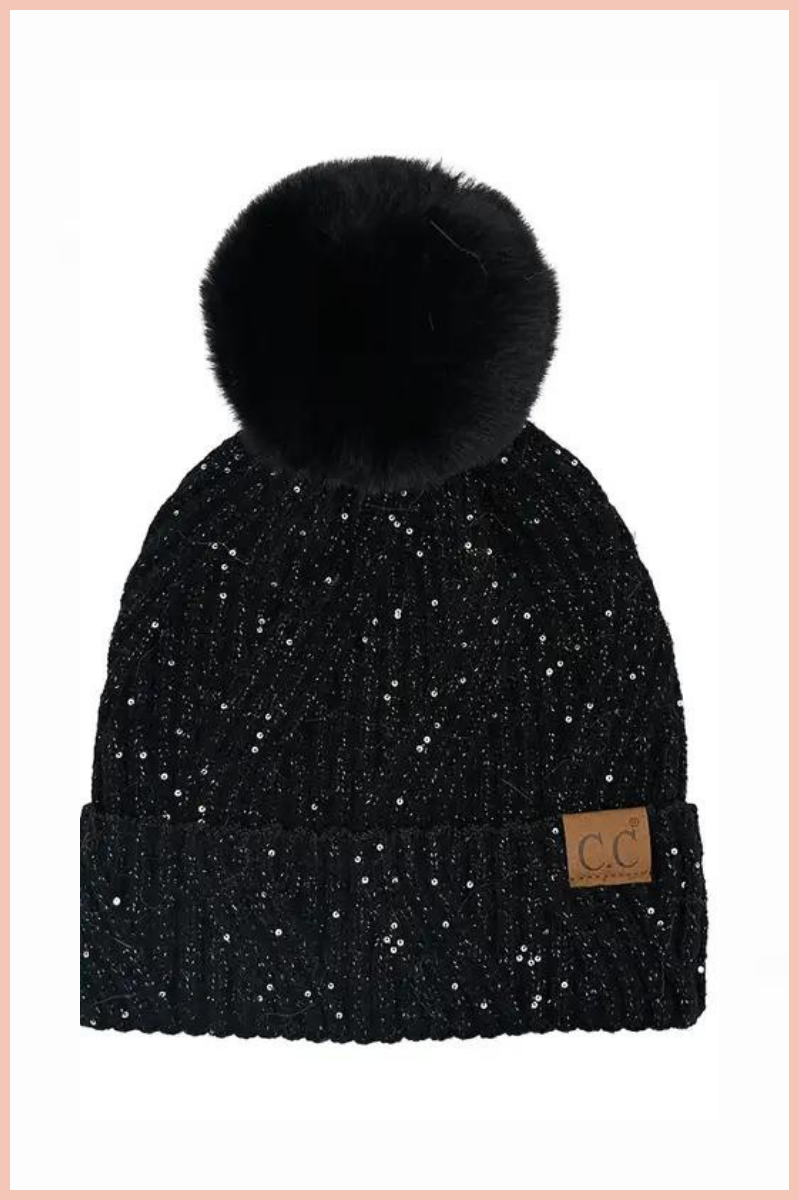 C.C. SEQUIN W/ POM BEANIE | BLACK