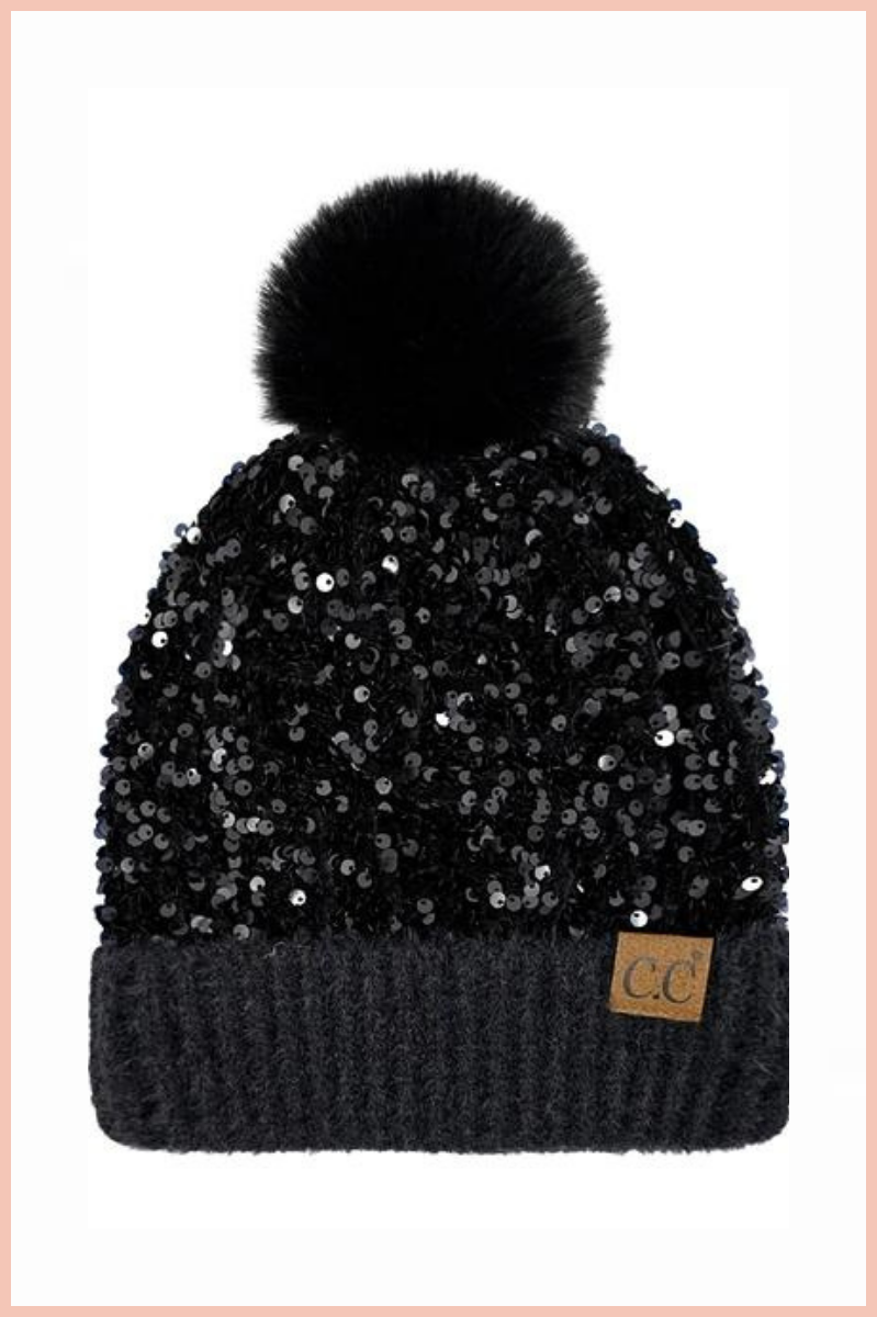 C.C. SEQUIN POM BEANIE | BLACK