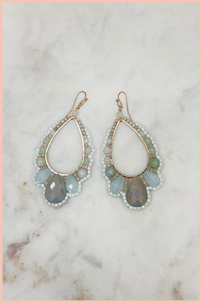 BEADED TEAR DROP EARRINGS WITH LIGHT BLUE AND GREEN JEWELS