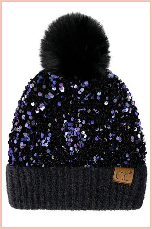 C.C. SEQUIN POM BEANIE | PURPLE/BLACK