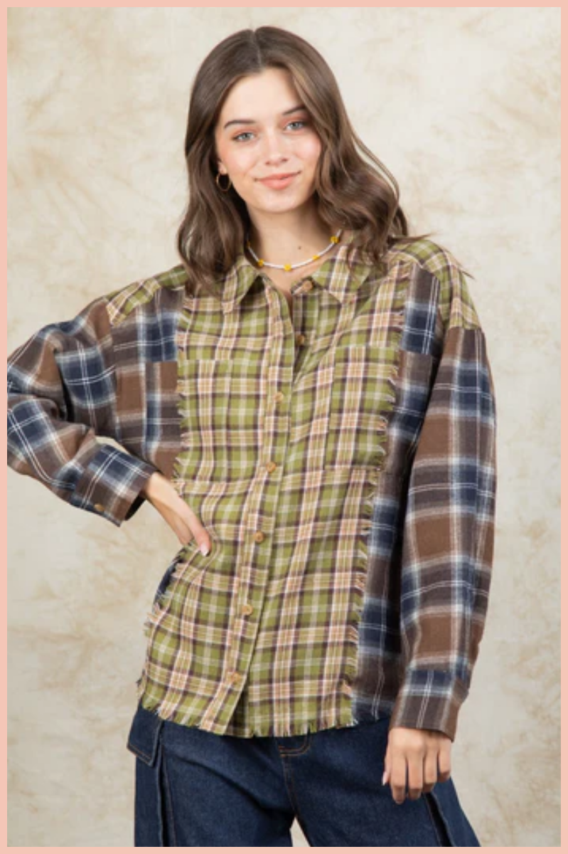 OVERSIZED CONTRAST PLAID SHIRT TOP | LIME MIX