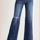RISEN High Rise Distressed Wide Leg Flare | Dark Wash