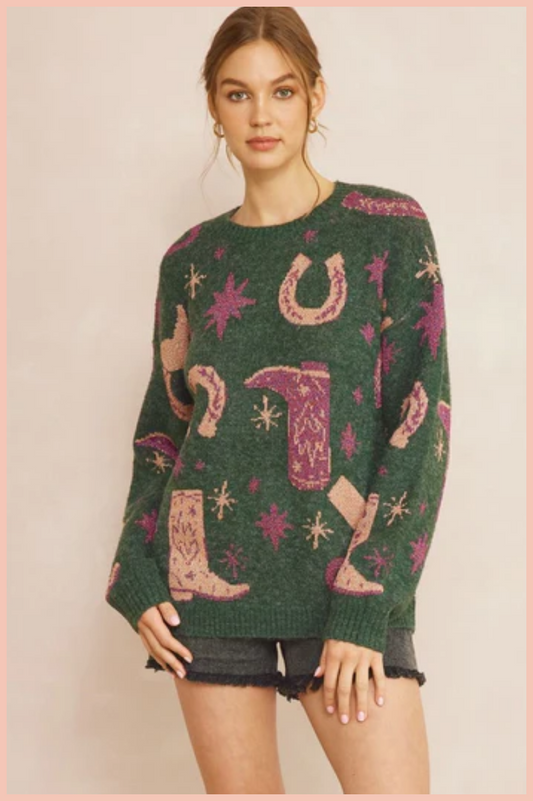 YEEHAW SPARKLY SWEATER | HUNTER GREEN