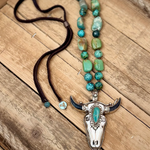 Turquoise Longhorn Heirloom Pendant Necklace | Silver - Turquoise- White Turquoise - Leather | Beaded Stones